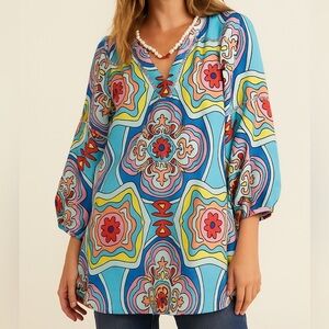 Crosby by Mollie Burch Blue Retro Eclectic Blouson Sleeve Blouse Top SIZE XS